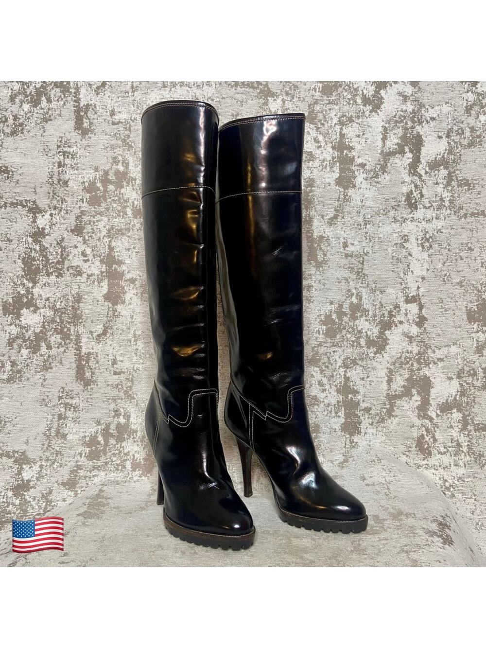 Giuseppe Zanotti Knee High Patent Leather Stiletto Boots with Contrast Stitching